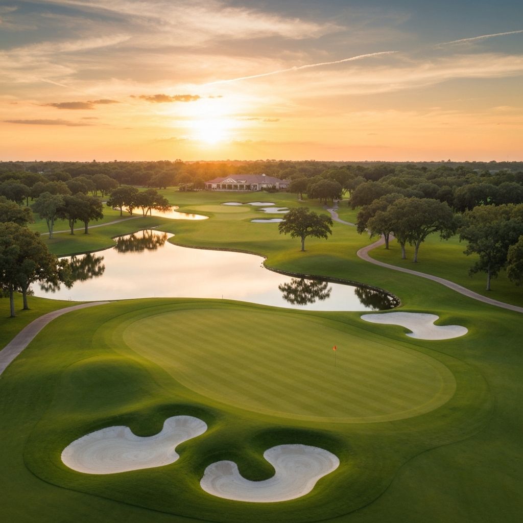 Aerial view of a championship golf course at golden hour