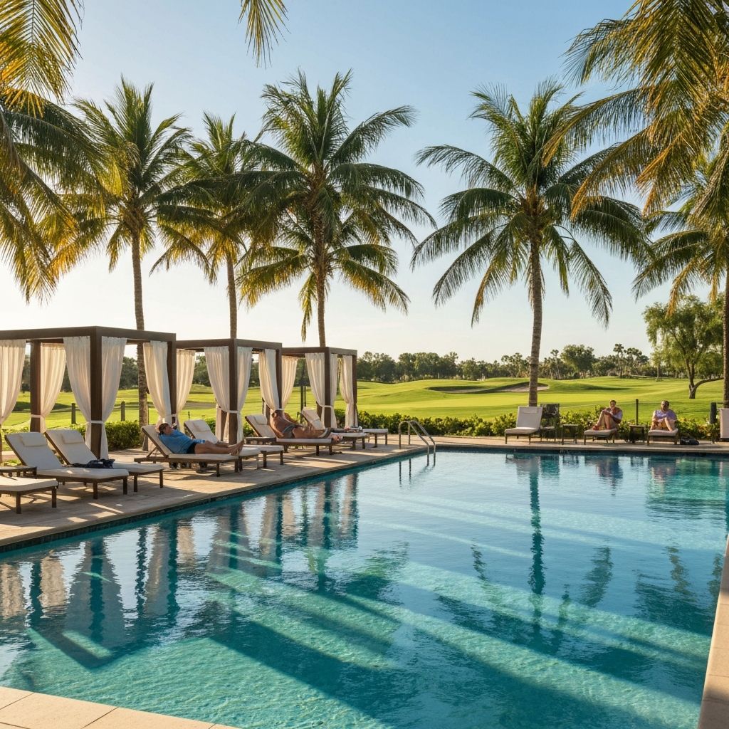 Luxury resort pool and spa overlooking golf course